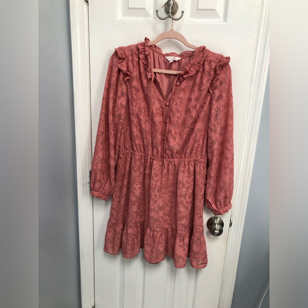 LC Lauren Conrad Mauve Floral Lace Fit & Flare Dress Ruffle Long Sleeve Large
